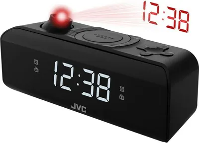A black JVC digital alarm clock with a red projection light displaying the time.