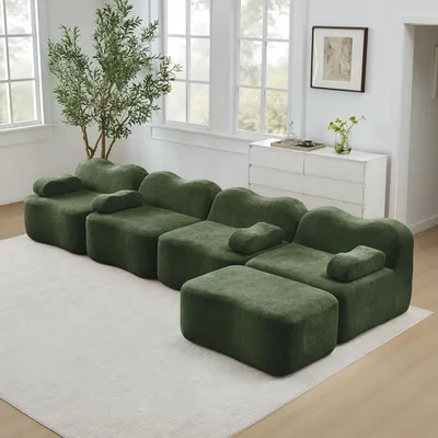 Image de Canapé modulable en L à quatre places, forme ondulée, en velours, avec pouf, assise profonde, 384 x 167 x 70 cm, vert