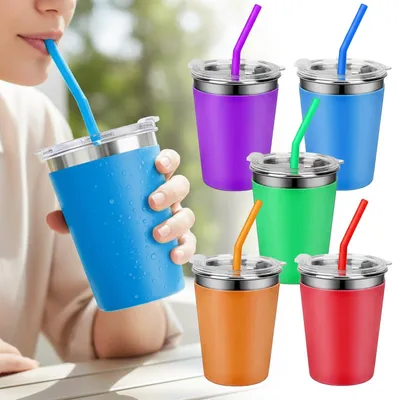 5 Edelstahlbecher mit Deckel & Strohhalm, 350 ml, unzerbrechlich, Camping