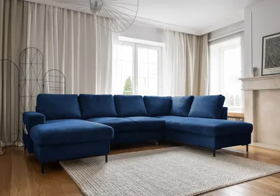 Produktbild von MIUFORM Lofty Lilly - Ecksofa mit Bettfunktion und Bettkasten U-FORM RECHTS - 303 x 197 cm - Marineblau - Sofa Schlafsofa Couch