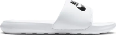 A white Nike Victori One slide sandal is shown from the side against a white background.
