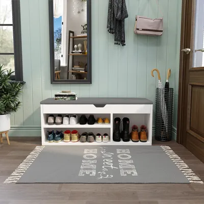 Image de Meerveil Banc à chaussures en aggloméré E1, armoire à chaussures rabattable avec coussin d'assise, étagère à chaussures, banc pour ranger les chaussures avec assise, 104 x 45 x 30 cm, blanc