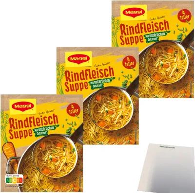 Produktbild von Maggi Rindfleisch Suppe mit Nudeln und Gemüse 3er Pack (3x85g Packung) + usy Block