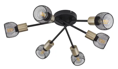 A black and gold ceiling light fixture with six adjustable spotlights.