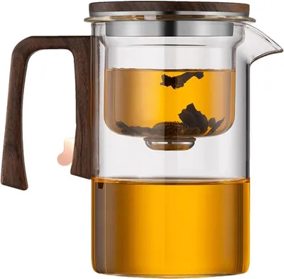 Produktbild von Teekanne aus Glas mit Sieb und Wassertrennung für lose Teeblätter, mit Holzgriff, für die Teestube
