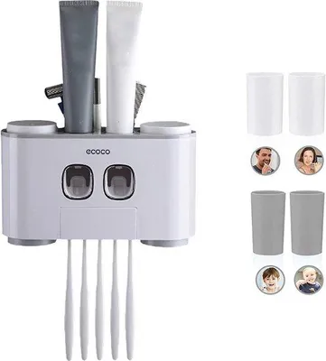 Image de Distributeur automatique de dentifrice avec 2 réservoirs et 5 porte-brosses à dents, gris