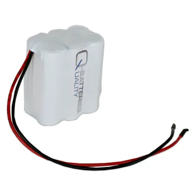 A white rechargeable battery pack with red and black wires against a white background.