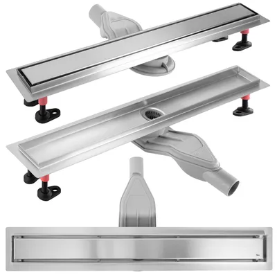 A collage of three images showing a linear shower drain from different angles, including a close-up of the drain and its components.