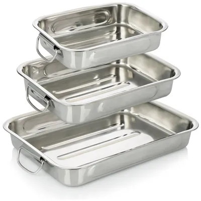 Produktbild von COM-FOUR® 3-teiliges Braten- und Backform-Set - Edelstahl Bräter mit Haltegriffen - Auflaufform Edelstahl zum Kochen und Backen - Ofenform