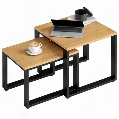 Productafbeelding van Set van 2 salontafels, woonkamertafel met metalen frame, natuurlijke afwerking