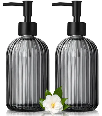 Image de Distributeur de savon, 425 ml, distributeur de savon en verre noir, lot de 2 distributeurs de savon à pompe, distributeur de liquide vaisselle moderne à rayures pour la salle de bains et la cuisine, distributeur à pompe, distributeur de savon liquide
