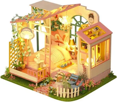 Zdjęcie produktu dla Habarri | Miniaturowy Domek - DIY Domek dla Lalek - Drewniany Domek z Meblami i Oświetleniem LED - Prezent dla Dzieci - Różowa Antresola