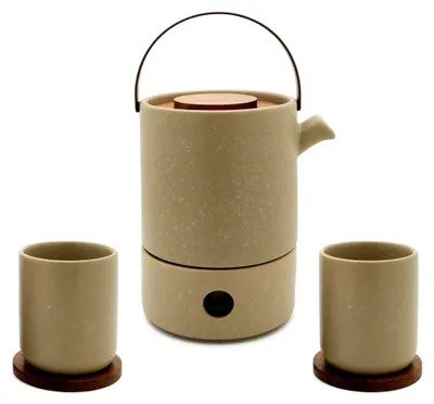 Produktbild von 6-teiliges Teekannen Set aus Steingut 1,2 Liter beige mit Teewärmer und Teetassen