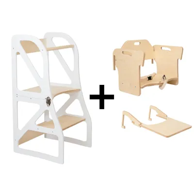 Produktbild von leg&go Verstellbarer Lernturm 2-in-1 Securestep Set – Montessori Lernturm mit Fütterungsstuhl & Tisch, Weiß