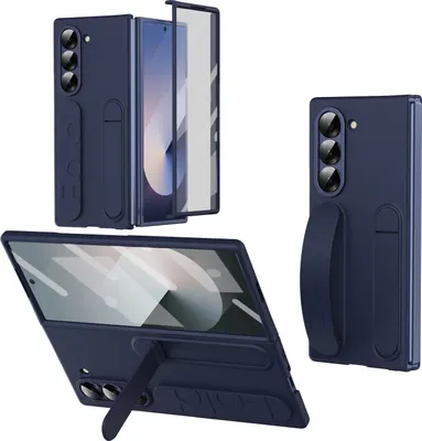 Image de Etui vertical avec sangle pour Samsung Galaxy Z Fold 6 avec protection d'écran intégrée, anneau de préhension, support et protecteur d'appareil photo bleu