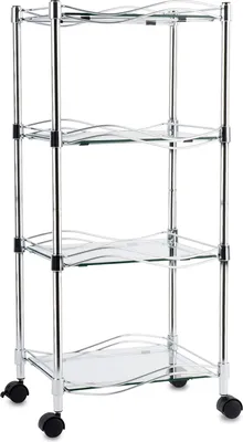 A four-tier shelving unit with glass shelves and wheels, presented against a white background.