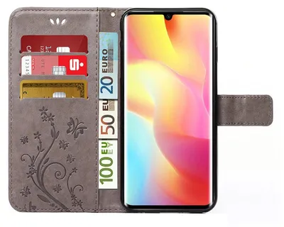 Produktbild von Handy Tasche für Xiaomi Mi Note 10 Lite Schutz Hülle Handyhülle mit Blumenmuster Klapp Hülle mit Standfunktion und Kartenfächer Farbe: Grau