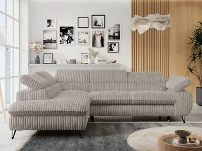 Produktbild von Ecksofa Sofa Grau, Wohnlandschaft L-Form mit Schlaffunktion und Bettkasten, Schlafsofa mit Bettkasten, Sofa mit Einstellbare Kopfstützen, Peter L - Grau Cord - Links Grau