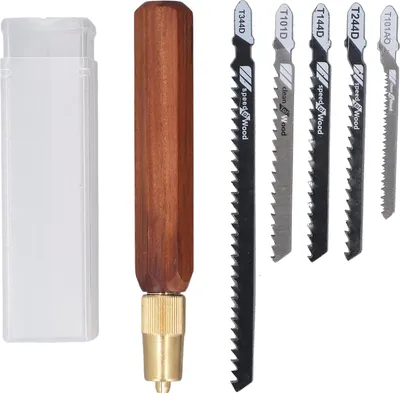 Produktbild von Handsägen-Set mit sechseckigem Palisandergriff und 5 abnehmbaren Stichsägeblättern für die Holzbearbeitung