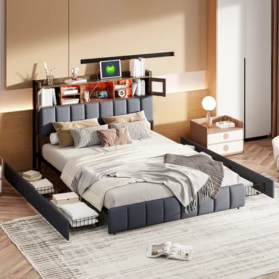 Image de Lit Capitonné, 160 X 200 Cm, Avec Éclairage LED Et Chargement USB, Espace De Rangement, Lin, Noir