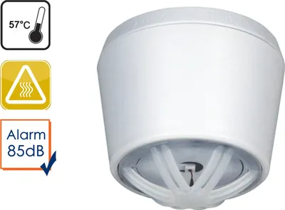 A product shot of a white smoke detector with accompanying informational icons on the left.