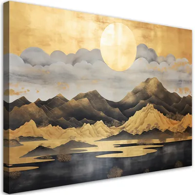 Produktbild von Leinwandbild für Schlafzimmer Goldene Berglandschaft 90x60 Feeby Gelb bild für die wand bereit zum aufhängen
