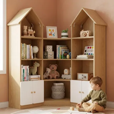 Productafbeelding van Merax kinderboekenrek in huisvorm met deuren, hoekrek met 4 niveaus, opbergkast met zijdelingse planken, geschikt voor kinderkamers, afmetingen: 104x25x148 cm, kleur: wit en naturel, AI-gegenereerde afbeelding