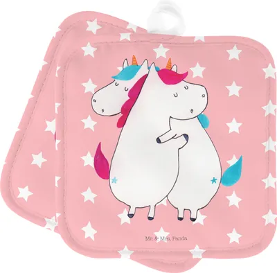 Produktbild von Mr. & Mrs. Panda Topfuntersetzer Einhörner Umarmen - Rot Pastell - Geschenk, Ofenlappen, BFF, Liebe, topfhalter, Topflappen Set, Topflappenset, Familie, Einhorn, Unicorn