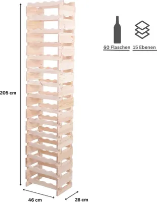 Produktbild von Weinregal VINOTECA FLEX PRO | HxBxT 205x46x28cm | 60 Flaschen auf 15 Ebenen | Massives Kiefernholz | Natur unbehandelt