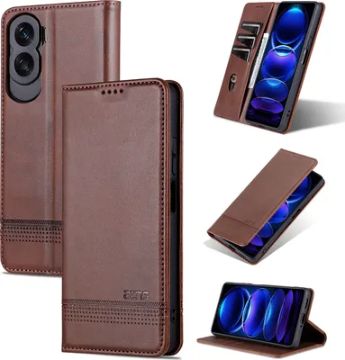 Obrázek produktu pro Kožené pouzdro pro Honor 90 Lite, skládací peněženkové pouzdro s magnetickým uzávěrem a stojánkem Káva