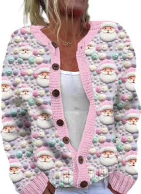 Produktbild von ASKSA Damen Weihnachts Strickjacke Weihnachtsjacke Weihnachten Cardigan Reindeer Weihnachtsmann Weihnachtspullover Sweat,B-Rosa,XXL