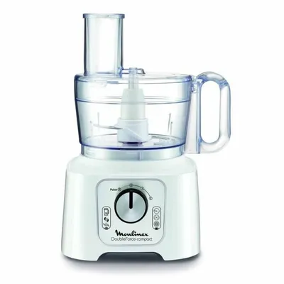A white Moulinex food processor is shown against a white background.