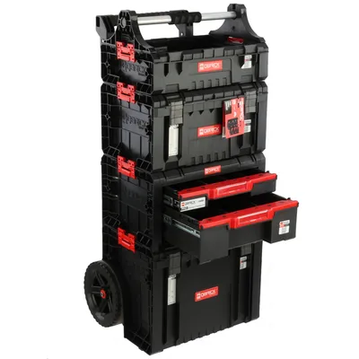 A stacked tool chest with wheels and drawers, presented against a white background.