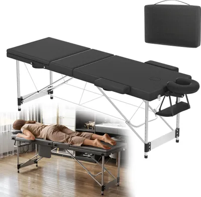 Produktbild von LZQ Klappbare Massageliege Schwarz mit Armlehnen & Kopfstütze | Höhenverstellbarer Massagetisch 62-83 cm | Leichter Aluminiumrahmen, 230 kg belastbar | Mobil & tragbar | Für Therapie & Massage