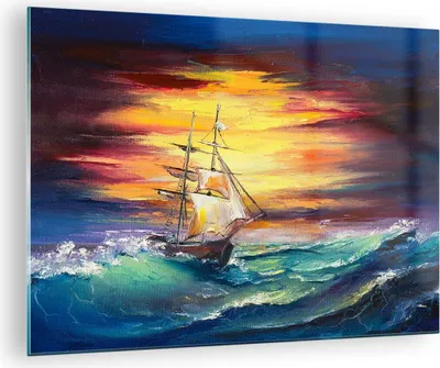 Produktbild von Bilder auf glas - Meer Welle Boot - 70x50cm - Glasbilder - Wandbilder - Kunstdruck - zum Aufhängen bereit - Wanddekoration aus Glas - Glas Bilder - Wandbild auf Glas - Einteilig - GAA70x50-3460