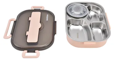 Image de Boîte à lunch portable pour enfants en acier inoxydable 304, 1,3 l, bento à quatre compartiments, avec bol à soupe, baguettes, cuillère, rose