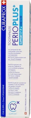A close-up view of the packaging for Curaprox Perioplus+ Support toothpaste.