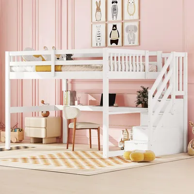 Zdjęcie produktu dla Łóżko piętrowe - 140 x 200 cm, białe, wykonane z drewna sosnowego i MDF, z biurkiem, z szufladami, z miejscem do przechowywania