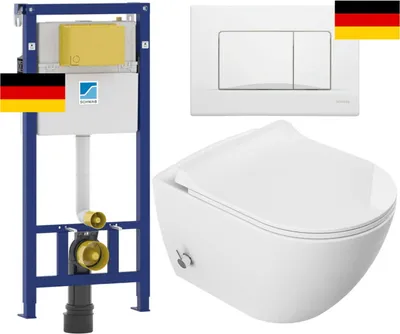 Obrázek produktu pro balení 5W1 : Wc s bidetovou baterií bez ráfku 51X36X32,5 cm a směšovací baterií teplá studená / voda + sedátko Duroplastslim Soft Close + rám + bílé tlačítko Schwab