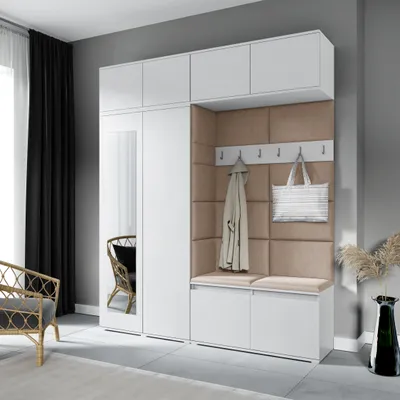 Produktbild von Garderoben-Set NIKOLA, Kleiderschrank mit Polsterplatten, Schuhschrank und Schrankaufsatz 90 cm– Ideal für Flur und Eingangsbereich (Weiß, Trinity 04)