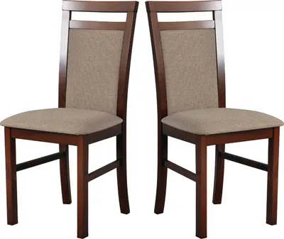 Two dining chairs are shown against a white background.