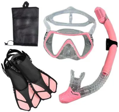 Produktbild von Taucherausrüstung für Erwachsene, Panoramamaske, Schwimmflossen, Trockensnorkel, S/M