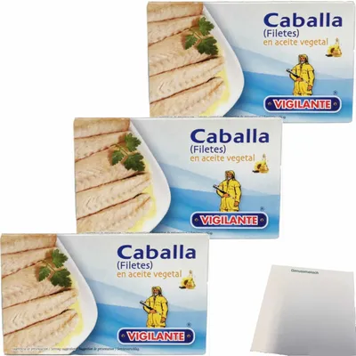 Produktbild von Vigilante "Makrelenfilet in Pflanzenöl" Filetes de Caballa (3x90g Dose) + usy Block