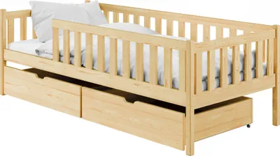 Produktbild von Kinderbett mit zwei Schubladen, Rausfallschutz, Lattenrost und Matratze, Kinder Bett | Sicher & stabil | weitere Größen 80x180, 90x190, 90x200 cm | 80x160 cm: von 3. bis 10. Lebensjahr, Natur