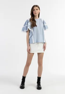 Image de Chemisier pour femme SAPORTA - Rayures fines bleu clair, taille XS