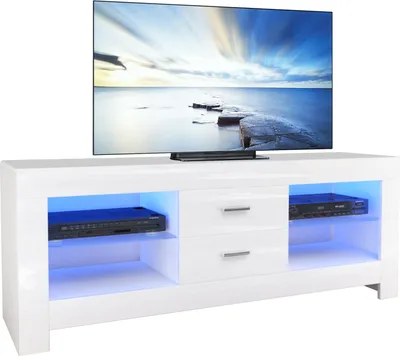Produktbild von Dripex TV Schrank Board Lowboard Fernsehtisch mit LED Beleuchtung Weiß Hochglanz mit Schubladen, 130x50x35 cm