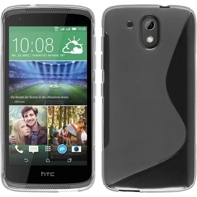 A clear protective case for an HTC Desire 526G+ smartphone is shown from the front and back, with the phone's screen displaying various widgets and images.
