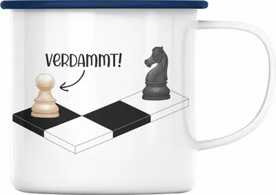 Produktbild von Trendation - Schach Geschenk Geschenkidee Schachspieler Emaille Tasse mit Schachfiguren Grafik Emaille Emaille Tasse Lustig (Blau)