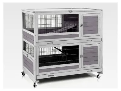 Produktbild von Zweistöckiger Meerschweinchenkäfig mit Rädern, Kaninchenhütte für Innen und Außen, 6 Zugangstüren, 2 herausziehbare Schalen, abnehmbarer Maschendraht und UV-beständige Platte (grau)