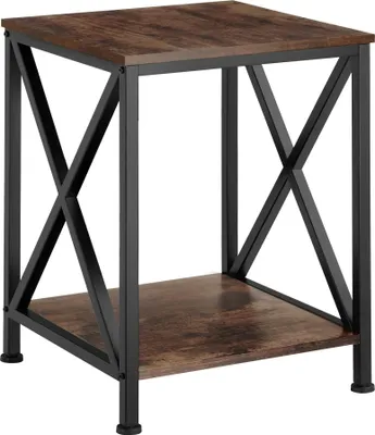 A brown and black end table with an X-shaped frame.